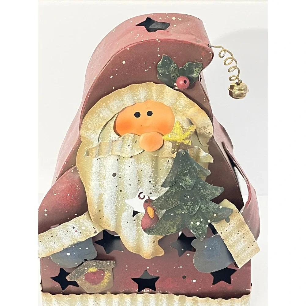 Vintage 2004‎ Santa Candle Holder Red Rustic Metal Folk Art Star Cutouts
